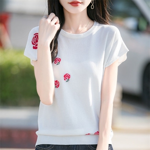 2025夏季新款圆领玫瑰提花短袖女莱塞尔天丝宽松洋气百搭薄款针织图片