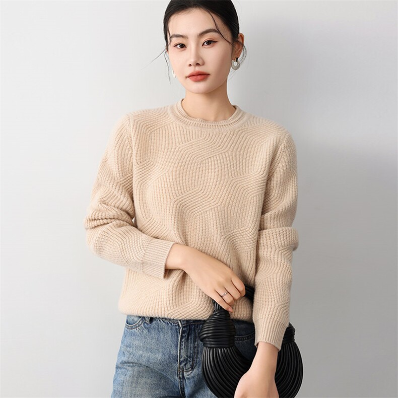 秋冬季新款舒适显瘦时尚百搭5针菱形格圆领羊毛衫,女装羊毛衫,琳尚羊绒