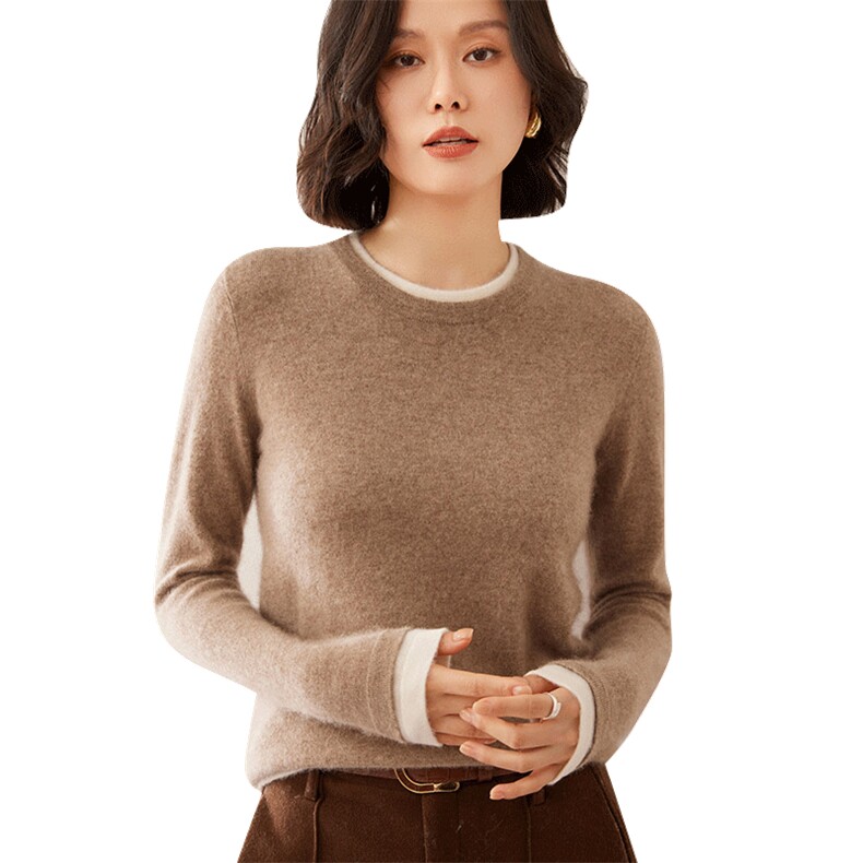 亲肤软糯拼色圆领加厚山羊绒衫女秋冬宽松套头毛衣针织羊毛打底衫,女装羊绒衫,琳华羊绒