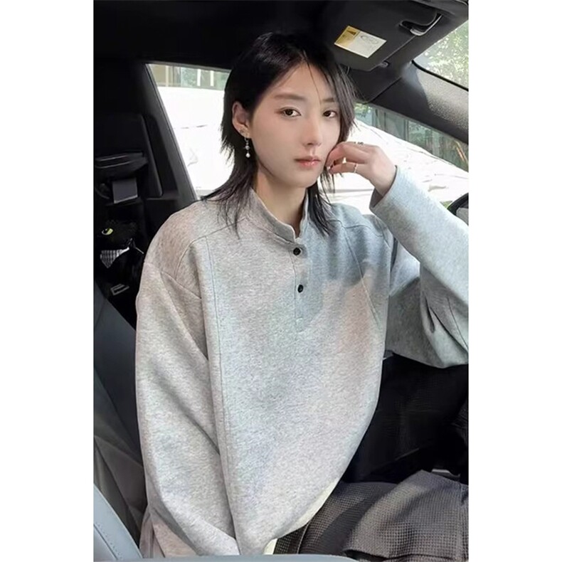 抖音得物品质美式高街重磅曼巴棉拼接cleanfit亨利领卫衣长袖T恤图片
