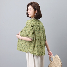 时尚宽松短袖衬衫女2024夏季新款休闲印花上衣遮肉显瘦百搭衬衣，女装衬衫，悦见她