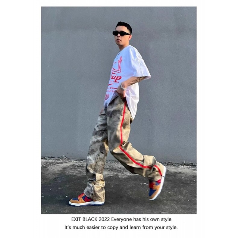 潮美式街头迷彩牛仔裤男ins潮宽松直筒hiphop拉链开叉休闲长裤,男装牛仔裤,四季星座505
