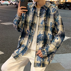 特批P45无差价秋新扎染格子长袖衬衫男美式潮牌翻领衬衣外套C2543，男装衬衫，电商A001-1