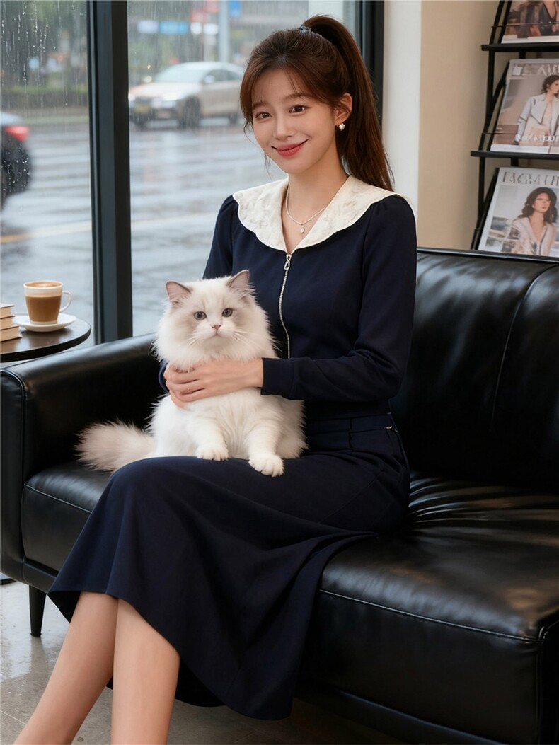 设计感时尚减龄套装女秋款修身娃娃领领开衫拉链上衣中长裙两件套,女装套装/套裙,江南