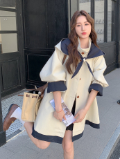 设计感撞色拼接连帽风衣女2025秋新款韩系超好看宽松显瘦百搭外套，女装风衣，2D034