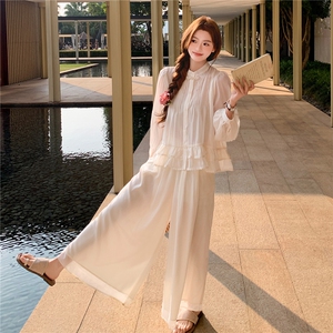超仙时尚防晒套装女2026春夏新款半透减龄显瘦流行阔腿裙裤两件套图片