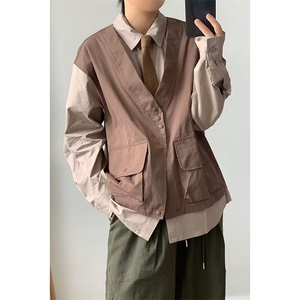 港风秋款男假两件衬衫马甲撞色工装大口袋休闲衬衣CS0106 P50图片