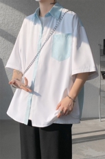 仓库现货CS1120-特批25条纹撞色拼接百搭痞帅大码短袖衬衫，男装衬衫，电商A059