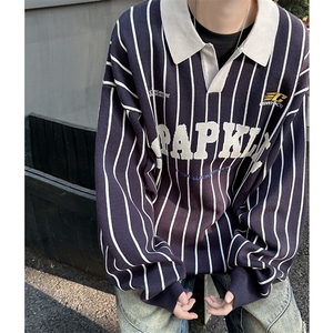 港风秋款男Polo领卫衣条纹字母刺绣宽松外套WY6031 P62图片