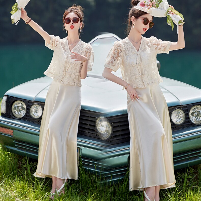2024夏季新款小香风蕾丝上衣洋气淑女气质两件套裙,女装套装/套裙,韩蜜菓