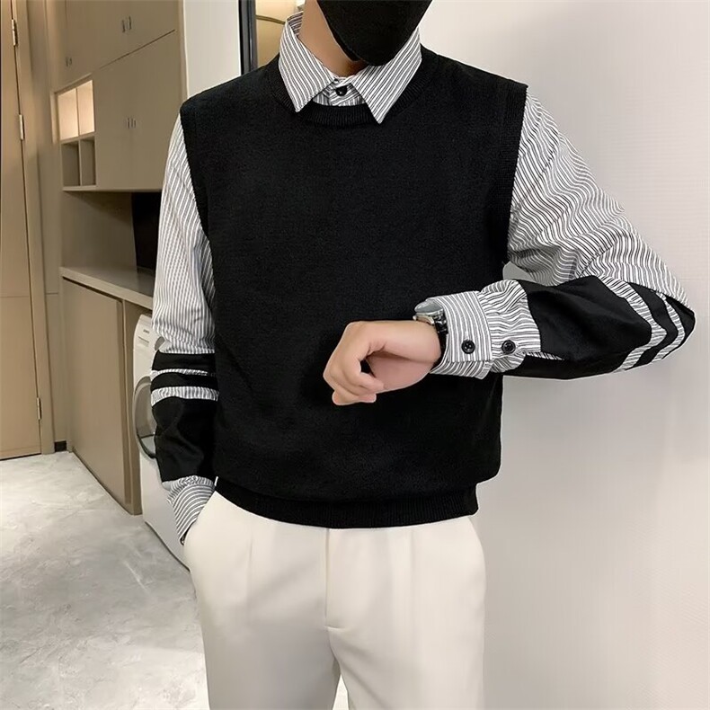 条纹拼接衬衫领毛衣男假两件针织上衣秋冬潮流痞帅打底衫Q142,男装衬衫,星座1116A-2（原606A-1）
