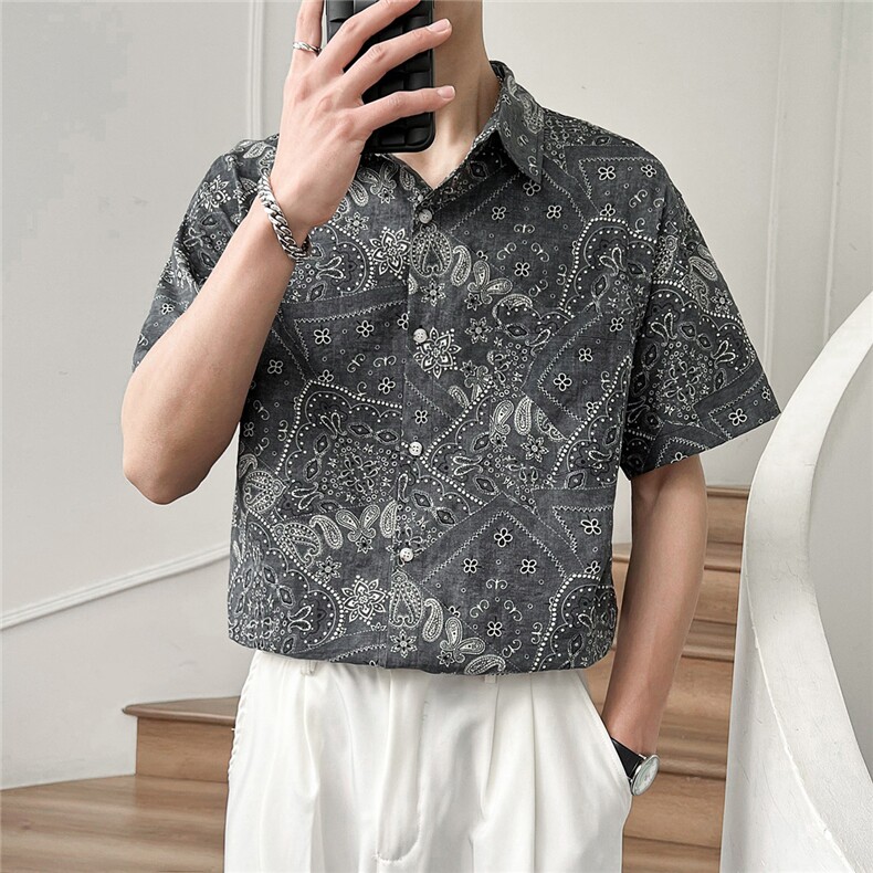 轻熟风夏季印花短袖衬衫男士潮痞帅半袖微宽松衬衣TZ94P50控78,男装T恤,电商B413