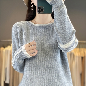 2025秋冬100%纯羊毛衫女圆领套头拼色打底毛衣宽松纽扣羊绒针织衫图片
