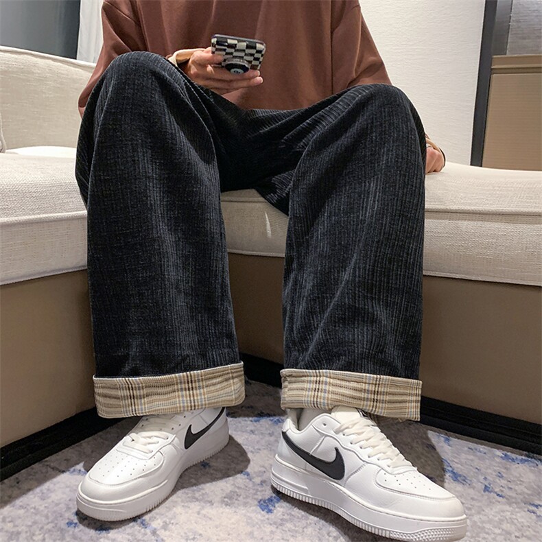 2025冬季新款男装港风灯芯绒拼接格子休闲裤直筒卫裤黑GK50-P20，男装休闲裤，电商B277A（原A068）