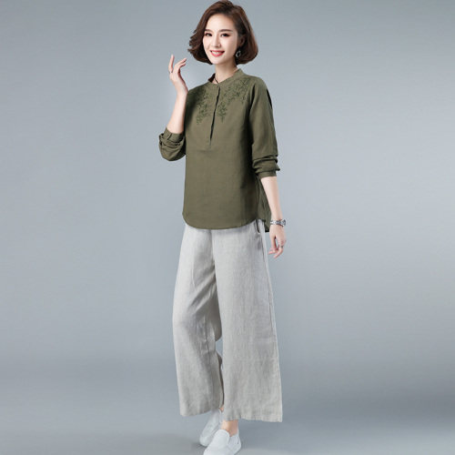 20223春装新款休闲棉麻绣花上衣阔腿裤两件套女生套装,女装大码女装,木子恋