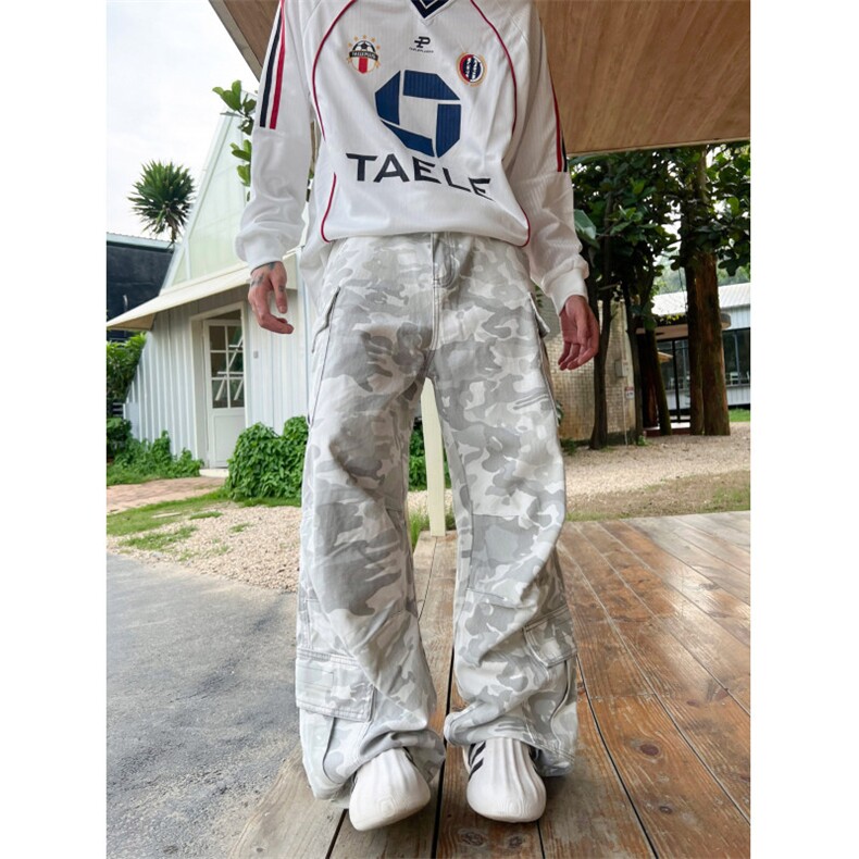 美式水洗雪地迷彩多口袋牛仔工装裤男女同款风直筒微喇休闲裤图片
