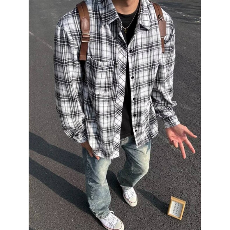 美式复古黑白格子衬衫男春秋新款痞帅高级感内搭衬衣百搭休闲外套图片