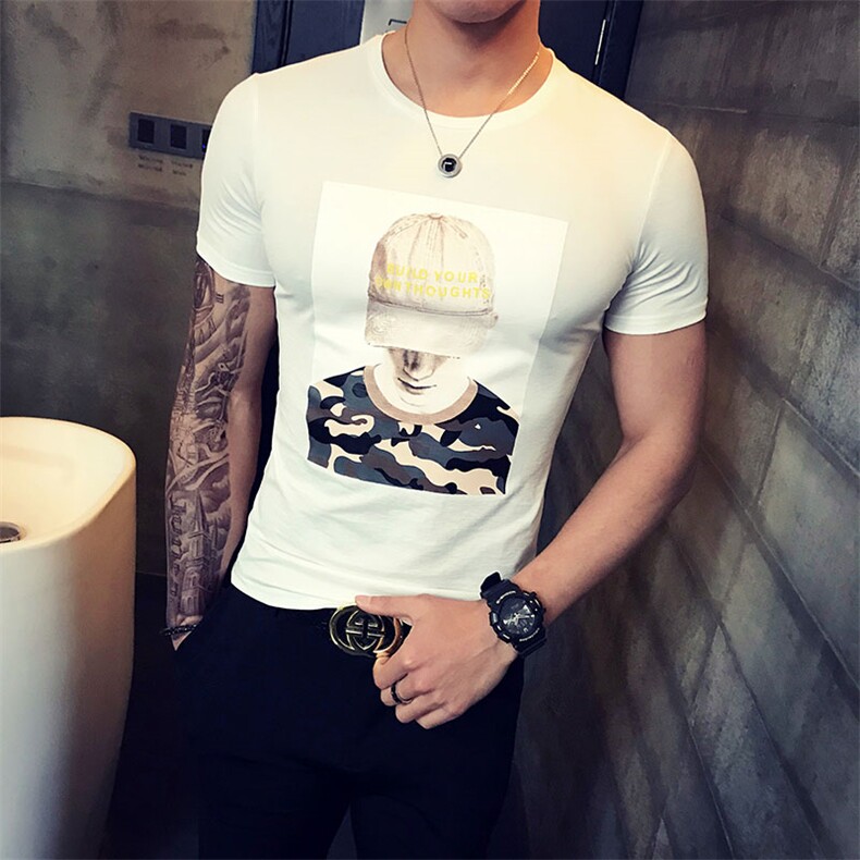 夏季新款短袖t恤流夜店印花体恤衫修身男衣服A313-T,男装T恤,电商A313