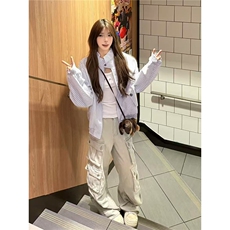花边下摆胸花哈灵顿夹克男秋季设计感上衣复古宽松条纹外套女，男装夹克，星座1210-1
