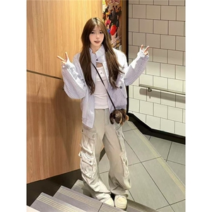 花边下摆胸花哈灵顿夹克男秋季设计感上衣复古宽松条纹外套女图片