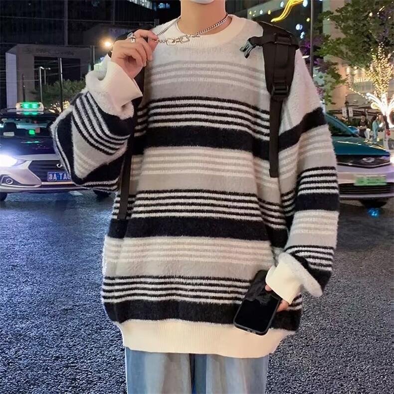 圆领条纹针织衫男情侣款线衣外套高级感痞帅毛衣5574P55,男装针织衫/毛衣,星座410-2