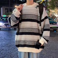 圆领条纹针织衫男情侣款线衣外套高级感痞帅毛衣5574P55，男装针织衫/毛衣，星座410-2