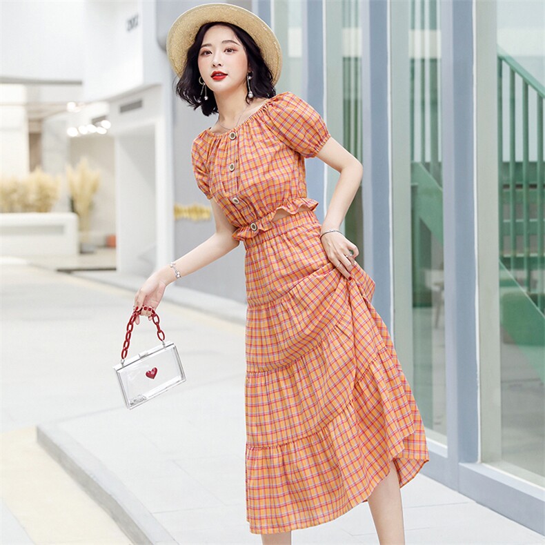 2021夏季时尚潮流套装格子半身裙+短袖两件套,女装套装/套裙,悠米
