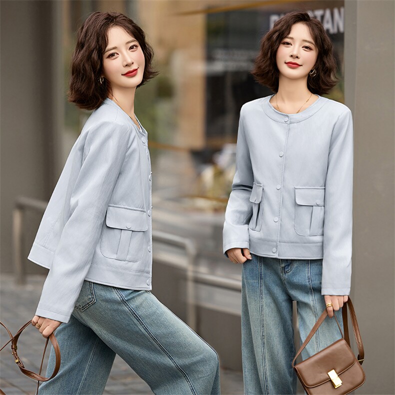 2025春秋季新款高级感质感长袖短款圆领pu皮衣夹克欧美时尚外套女,女装皮衣,美拉德工厂直营店