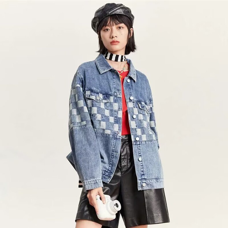 棋盘格拼接牛仔外套女秋季新款时尚休闲宽松牛仔衣女潮,男装工装外套,星座218-8