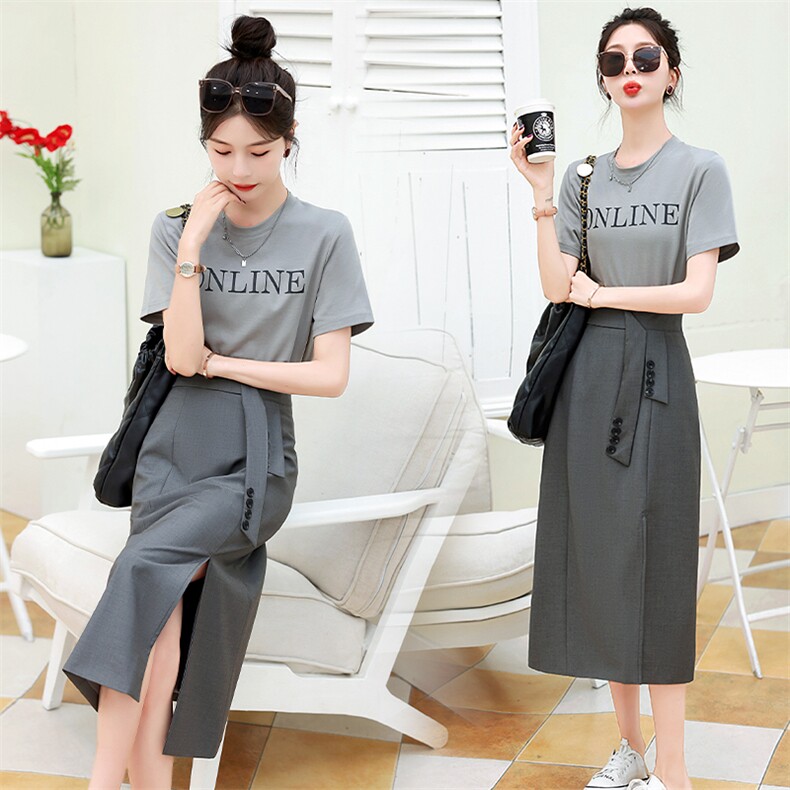 现货2023夏季新款韩版显瘦减龄短袖T洋气百搭开叉半身裙两件套，女装套装/套裙，卡杰菲