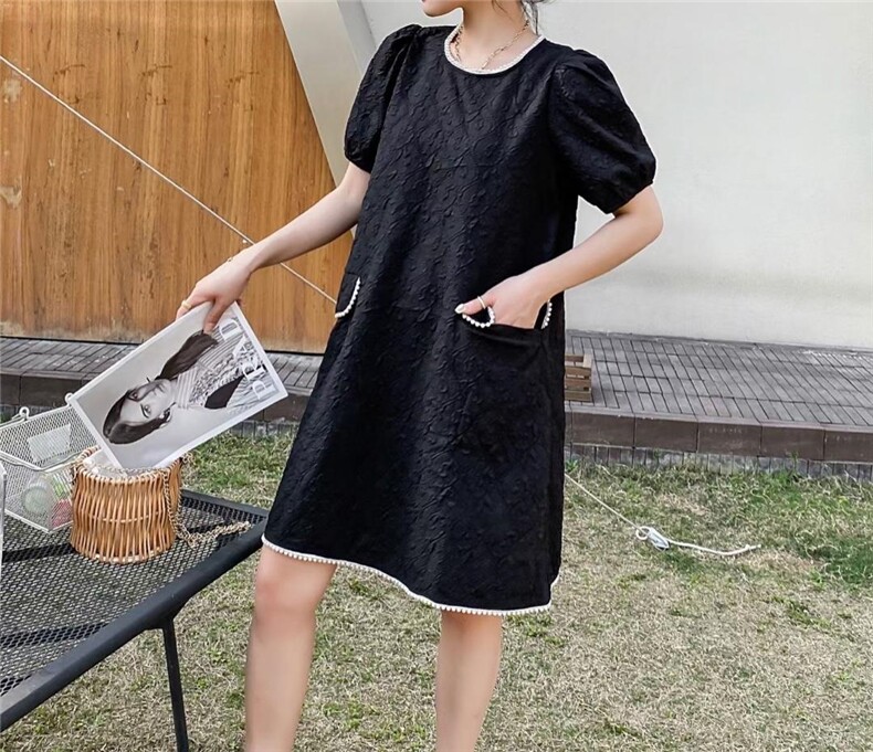 珍珠边压花连衣裙，女装连衣裙，斐媞梦