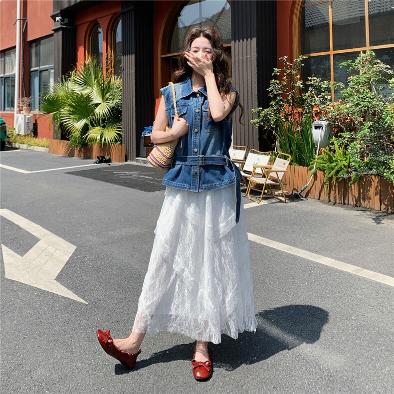 超好看穿搭一整套2026夏季韩系显瘦牛仔坎肩马甲蕾丝半身裙两件套，女装套装/套裙，流量+