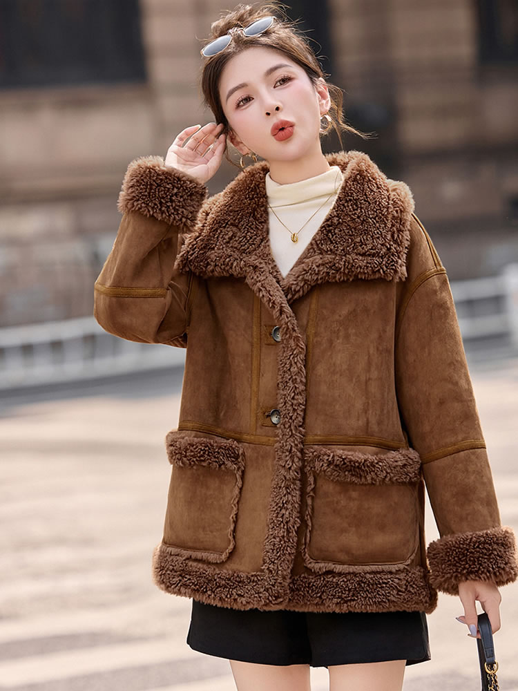 美拉德麂皮绒羊羔毛外套女冬季新款复古宽松加绒加厚立领皮毛一体,女装羊羔毛/颗粒绒,韩蔻秀