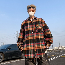 格子衬衫男长袖春夏宽松复古风上衣百搭痞帅内搭衬衣外套C52/P48，男装衬衫，星座506