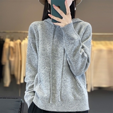 秋冬100%纯羊毛帽衫女亮丝加厚长袖针织衫卫衣宽松羊绒衫连帽上衣，女装羊毛衫，东远绒业