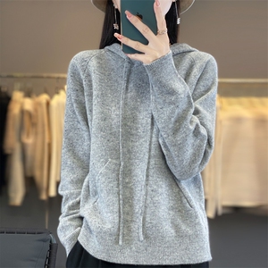 秋冬100%纯羊毛帽衫女亮丝加厚长袖针织衫卫衣宽松羊绒衫连帽上衣图片