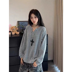 美式高街千鸟格子长袖T恤男女亨利V领英伦雅痞休闲宽松长袖打底衫，男装T恤，电商A443