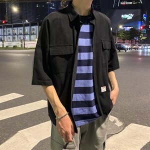 204-CS05-P45  有视频 日系oversize 宽松纯色衬衫潮男韩版五分袖图片
