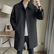 2025秋冬韩版休闲风衣男士店主风中长款翻领时尚纯色外套888-P165，男装风衣，电商A413