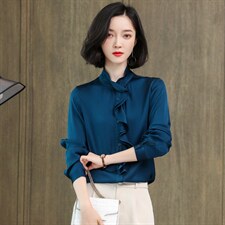 立领荷叶边真丝衬衫女长袖丝绸通勤春装木耳边真丝上衣衬衣气质，女装衬衫，阿舍尔精品