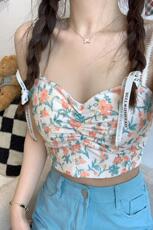 小清新网红减龄法式碎花吊带背心带胸垫设计感内搭外穿短款上衣女，女装背心吊带，梦白服饰厂