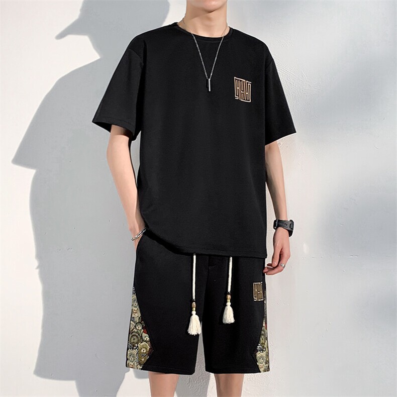 T恤套装男夏季刺绣休闲运动两件套短裤拼接薄款A266-TZ7758-P48,男装牛仔裤,电商A266