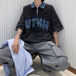 做旧POLO衫男韩版潮流字母刺绣拼色痞帅2023夏季insT恤WB059-P46图片