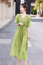 现货秒发2023春夏新款连衣裙雪纺中袖女时尚边淑女裙，女装连衣裙，韩宇舍