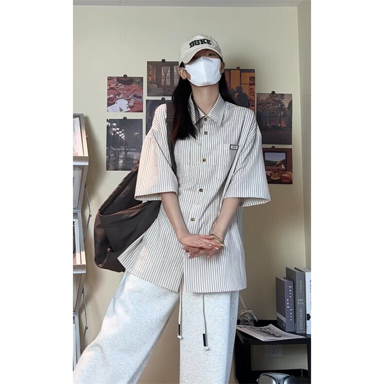 夏季潮流大码宽松百搭撞色贴标条纹短袖衬衫DC2218-P38【特价】,男装T恤,电商A007