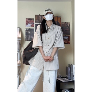 夏季潮流大码宽松百搭撞色贴标条纹短袖衬衫DC2218-P38【特价】图片