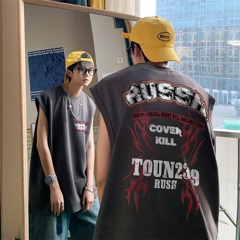 磨损字母印花无袖T恤美式情侣装夏季背心/马甲/坎肩B239-1282-P23，男装背心/马甲，星座514-2(原B239)