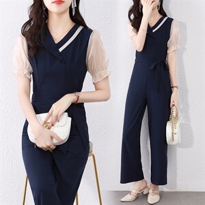 新款夏季淑女气质穿搭时尚洋气时髦显瘦阔腿连体连衣裤套装女纱网,女装连体裤,韩蔻秀