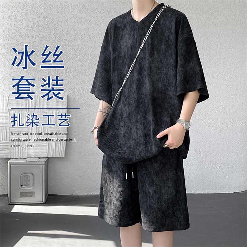 特批P50无差价夏季港风凉感冰丝扎染纹理感大码两件套装男TZ5367，男装休闲套装，电商A001