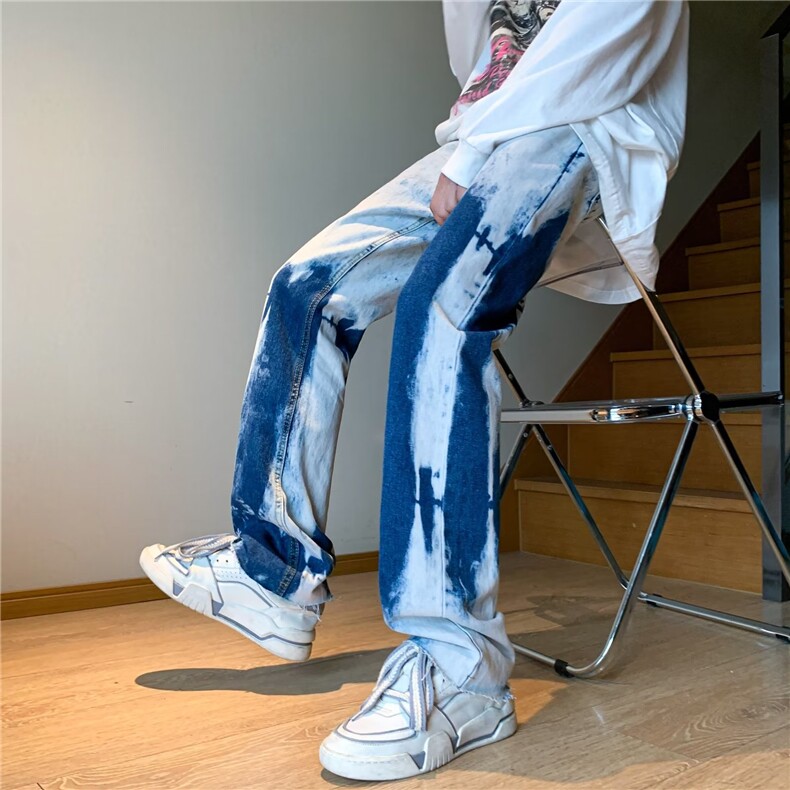 渐变高街vibe牛仔裤男潮秋季设计感炸街修身微喇裤裤子NK180P43,男装牛仔裤,星座410-2